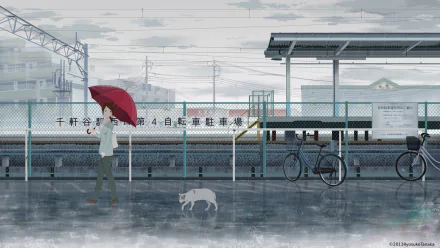 Anime-style HD PC desktop wallpaper featuring a rainy train station scene with a person holding a red umbrella and a white cat walking nearby.