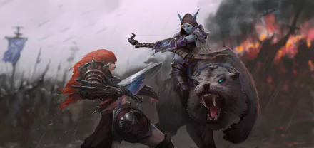 2K PC wallpaper: Sylvanas Windrunner woman warrior in armor with bow riding a snarling wolf, dueling a red-haired Diablo III Barbarian with sword amid a smoky battlefield (Heroes of the Storm).