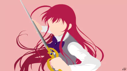 Minimalist HD anime wallpaper featuring Emi Yusa from The Devil Is a Part-Timer!, with flowing red hair and a sword against a solid pink background.