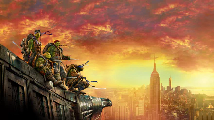 HD desktop wallpaper featuring the Teenage Mutant Ninja Turtles from the movie Teenage Mutant Ninja Turtles: Out Of The Shadows overlooking a cityscape at sunset.
