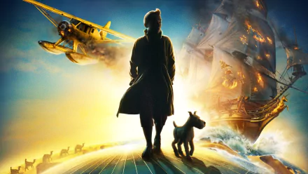HD PC desktop wallpaper featuring a dramatic scene from the movie The Adventures of Tintin, with Tintin and Snowy facing a burning ship and a seaplane overhead.