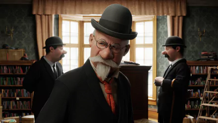 HD PC desktop wallpaper featuring characters from the movie The Adventures of Tintin in a detailed, vintage office setting with three men wearing bowler hats.