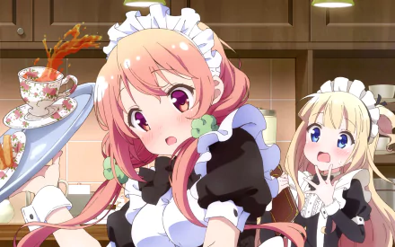 HD desktop wallpaper featuring anime characters Mayuki Hiiragi and Hinako Sakuragi from Hinako Note in maid outfits with a dramatic tea spill in the background.