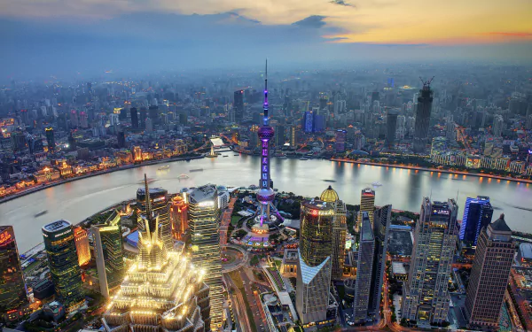 Oriental Pearl Tower aerial cityscape China river skyscraper building city man made Shanghai HD Desktop Wallpaper | Background Image