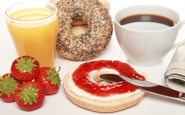 Food Breakfast Bagel Strawberry Juice Bread Jam Cup Coffee Glass HD Wallpaper | Background Image