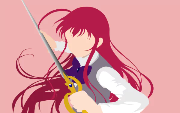 Minimalist HD anime wallpaper featuring Emi Yusa from The Devil Is a Part-Timer!, with flowing red hair and a sword against a solid pink background.
