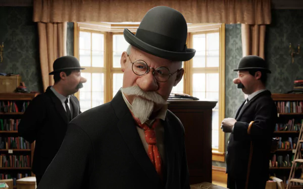 HD PC desktop wallpaper featuring characters from the movie The Adventures of Tintin in a detailed, vintage office setting with three men wearing bowler hats.