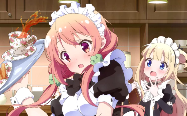 HD desktop wallpaper featuring anime characters Mayuki Hiiragi and Hinako Sakuragi from Hinako Note in maid outfits with a dramatic tea spill in the background.