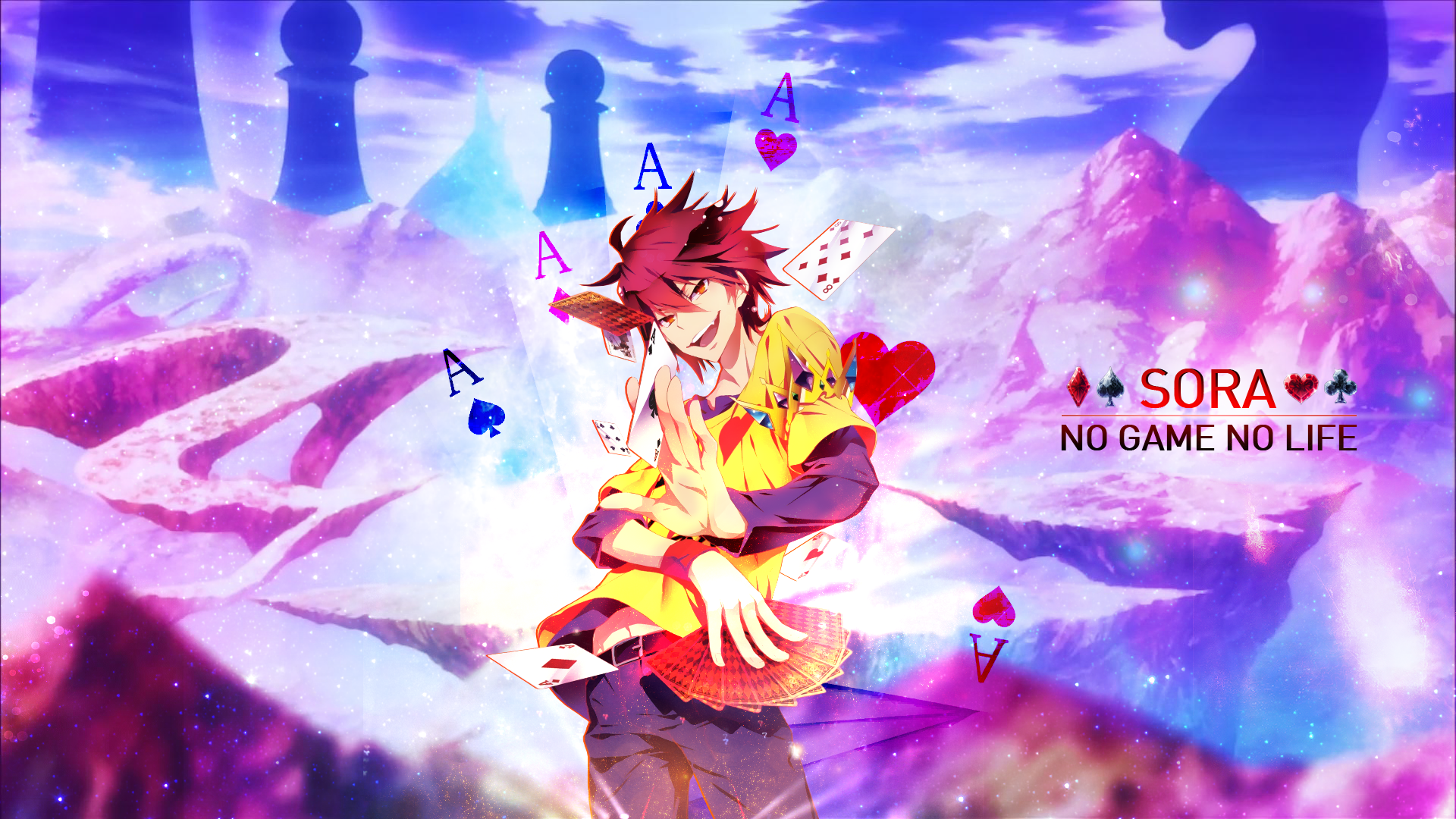 HD PC desktop wallpaper featuring Sora (No Game No Life): red-haired anime character seated on a floating chess-piece island, surrounded by cards, hearts and spade motifs under a vivid sky.