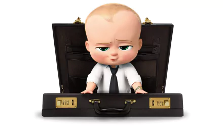 HD wallpaper showcasing Theodore Templeton, also known as Boss Baby, from the movie The Boss Baby. He is emerging from a briefcase, wearing a white shirt and black tie, with a confident expression.