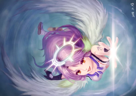 Jibril (No Game No Life) anime: purple-haired, winged character with a glowing halo ring, radiant light and soft feathers, floating against a swirling blue backdrop — HD PC desktop wallpaper