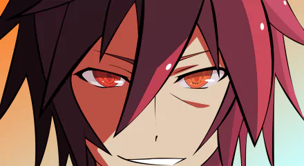 Close-up of Sora from No Game No Life with red eyes and dark hair, featured in an anime HD PC desktop wallpaper.