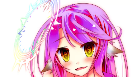 HD PC desktop wallpaper featuring Jibril from the anime No Game No Life with vibrant pink hair and glowing golden eyes.