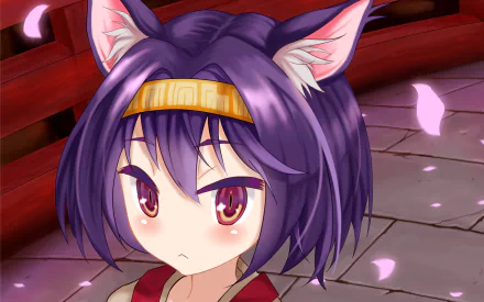 Izuna Hatsuse from No Game No Life — anime HD PC desktop wallpaper: close-up of a purple-haired, fox-eared girl with a headband and falling sakura petals against a stone path and red bridge background.