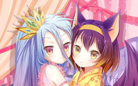 HD wallpaper featuring Izuna Hatsuse and Shiro from No Game No Life, showcasing their vibrant colors and playful expressions against a soft, whimsical background.