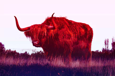 HD wallpaper featuring a stylized red-toned bull standing in a field, designed for a desktop background.