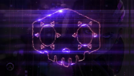 HD wallpaper featuring Sombra's iconic purple skull logo from Overwatch against a digital background.