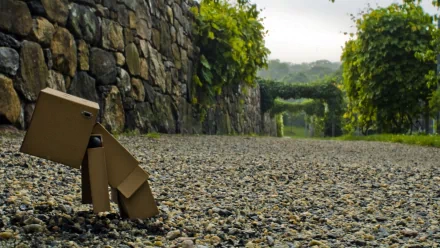 A whimsical Danbo figure stands on a gravel path, framed by stone walls and lush greenery, creating a charming and humorous scene for an HD desktop wallpaper.