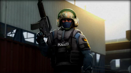 HD desktop wallpaper of a Counter-Strike: Global Offensive character dressed as a German police officer, holding a rifle in a warehouse setting with sunlight streaming through the windows.
