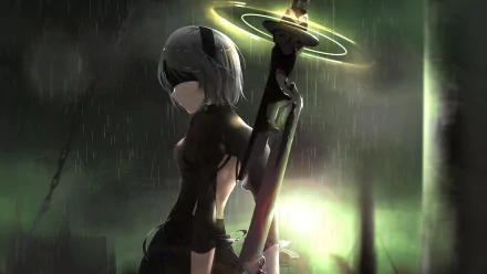 HD desktop wallpaper featuring YoRHa No.2 Type B from the video game NieR: Automata, standing in rain with her sword on her back, surrounded by a greenish glow.