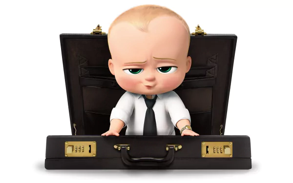 HD wallpaper showcasing Theodore Templeton, also known as Boss Baby, from the movie The Boss Baby. He is emerging from a briefcase, wearing a white shirt and black tie, with a confident expression.