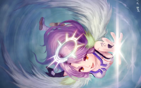 Jibril (No Game No Life) anime: purple-haired, winged character with a glowing halo ring, radiant light and soft feathers, floating against a swirling blue backdrop — HD PC desktop wallpaper