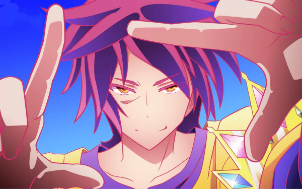 HD anime desktop wallpaper featuring Sora from No Game No Life with intense eyes and vibrant colors against a clear blue sky background.