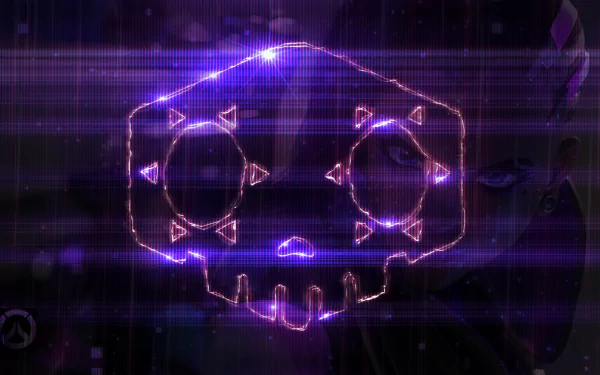 HD wallpaper featuring Sombra's iconic purple skull logo from Overwatch against a digital background.