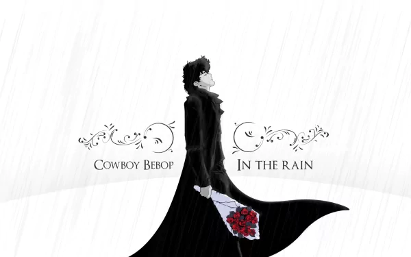 Spike Spiegel from Cowboy Bebop stands in the rain, holding a bouquet of roses. The atmospheric scene captures the essence of the anime's style and mood in a stunning HD wallpaper.