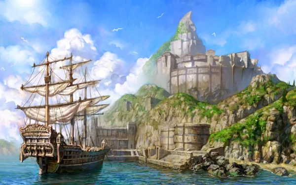 Artistic drawing of a fortress on a rocky island with lush greenery, viewed across water with a tall ship nearby, designed as an HD PC desktop wallpaper.
