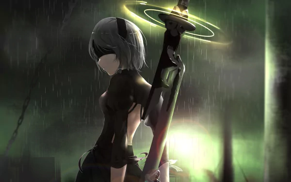 HD desktop wallpaper featuring YoRHa No.2 Type B from the video game NieR: Automata, standing in rain with her sword on her back, surrounded by a greenish glow.