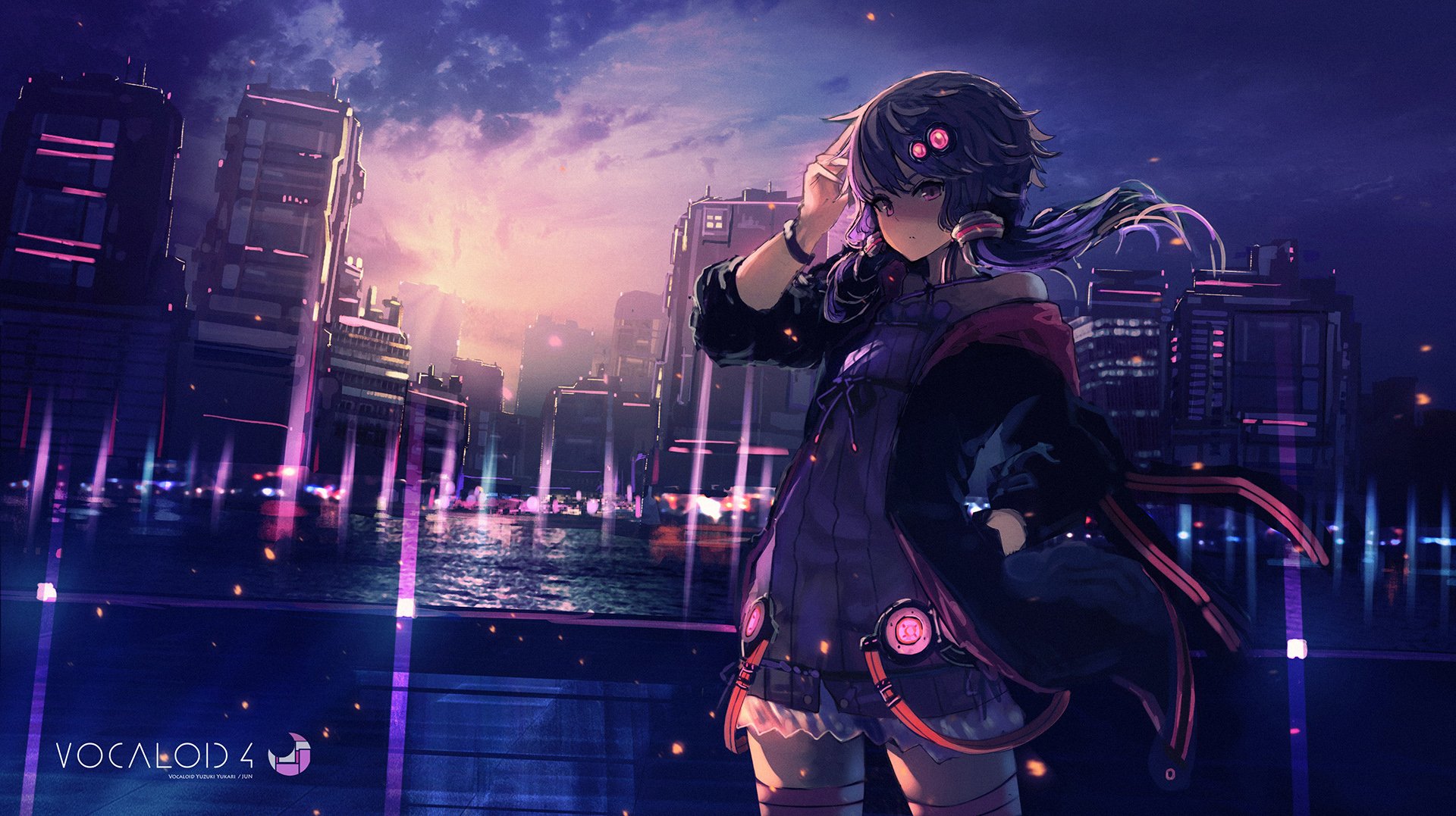 HD PC desktop wallpaper featuring Yuzuki Yukari, an anime-style Vocaloid character, standing by a futuristic cityscape at dusk with neon lights and a reflective water surface.