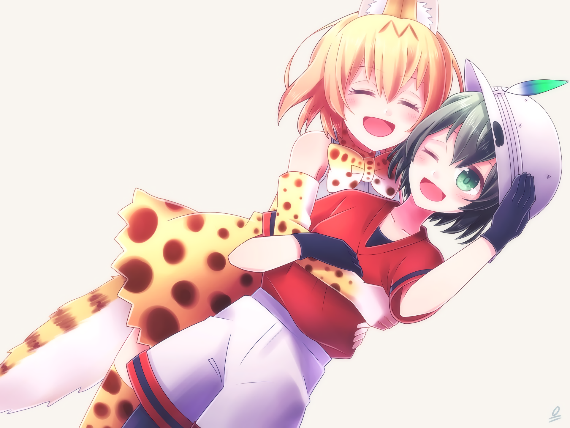 HD PC wallpaper of Kaban and Serval from Kemono Friends — anime-style image of the two friends laughing and embracing against a pale background.