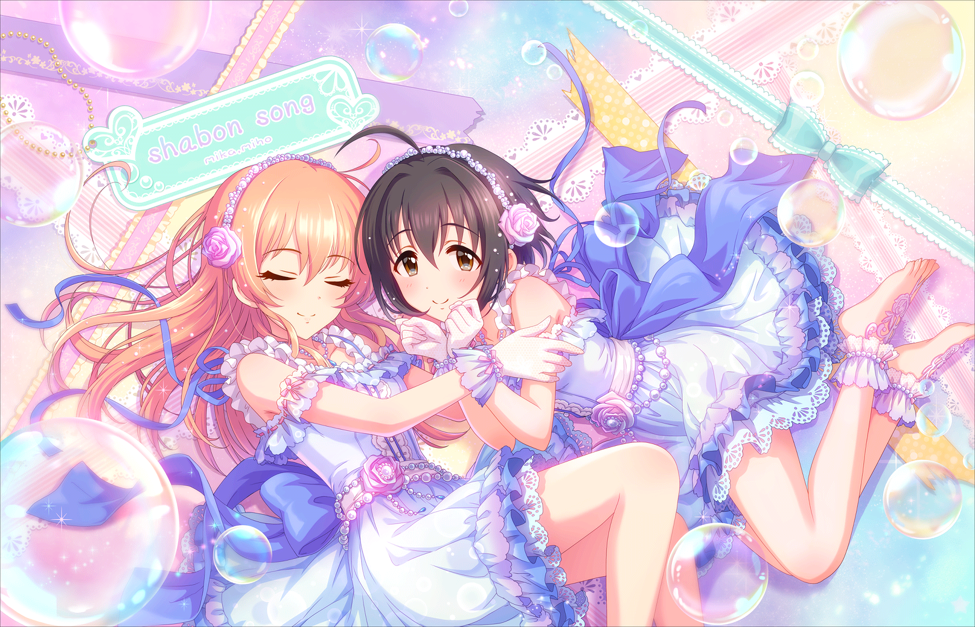 HD PC desktop wallpaper featuring Mika Jougasaki and Miho Kohinata from THE iDOLM@STER: Cinderella Girls Starlight Stage in pastel-themed anime style.