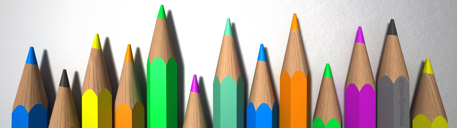 3D HD PC desktop wallpaper photography: close-up of colorful sharpened pencil tips (green, teal, blue, orange, purple) arranged like a skyline on a white background.