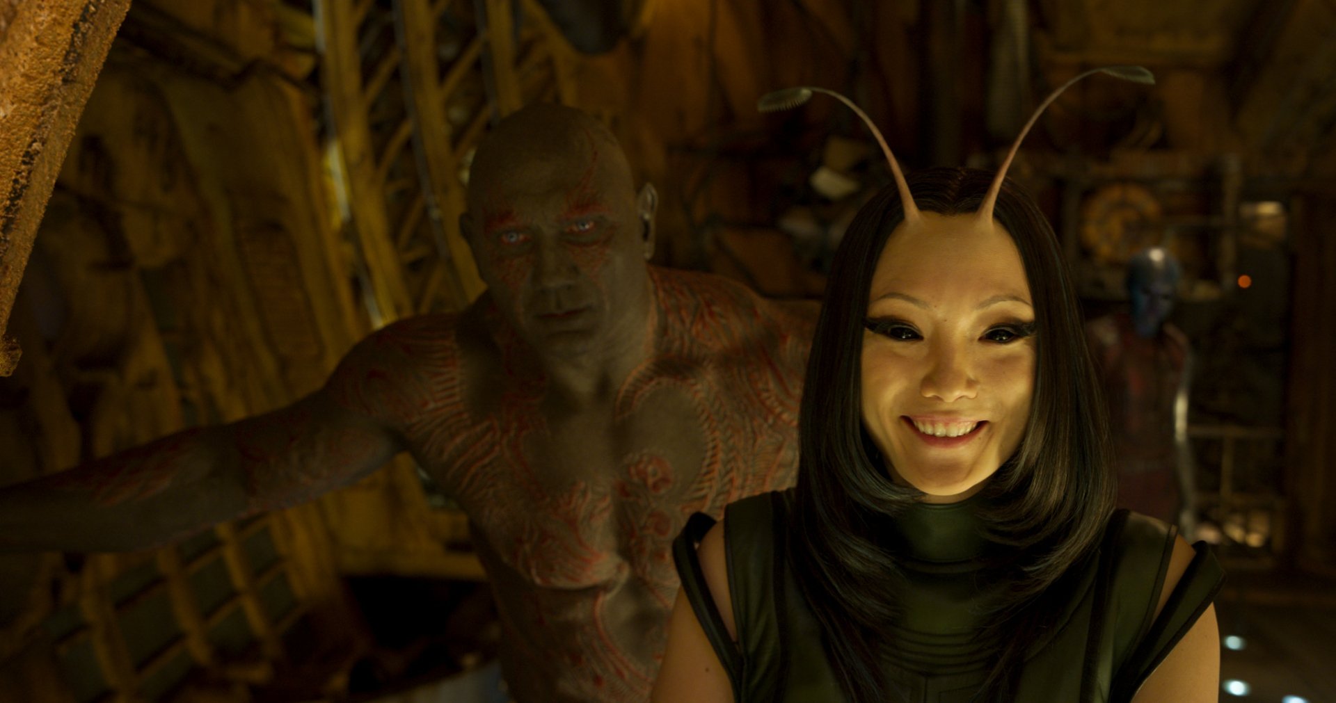 HD PC desktop wallpaper featuring Mantis and Drax the Destroyer from Guardians of the Galaxy Vol. 2, portrayed by Pom Klementieff and Dave Bautista.