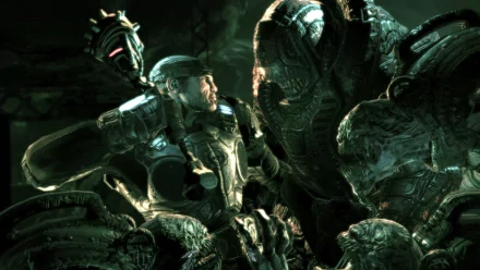 HD PC desktop wallpaper featuring a warrior from the video game Gears of War 2, surrounded by monstrous creatures in a dark, intense scene.