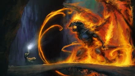 A high-definition painting featuring Gandalf confronting the fiery Balrog from The Lord of the Rings, set as a fantasy-themed desktop wallpaper and background.