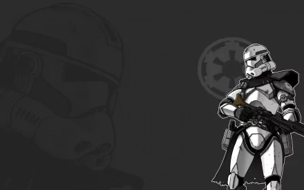 A stylized stormtrooper from Star Wars stands confidently with a blaster, set against a dark background featuring the Galactic Empire insignia in this HD desktop wallpaper.