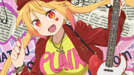HD desktop wallpaper featuring Tohru from Miss Kobayashi's Dragon Maid, dressed in a punk-style outfit with a guitar. The vibrant and animated image showcases her energetic and playful character.