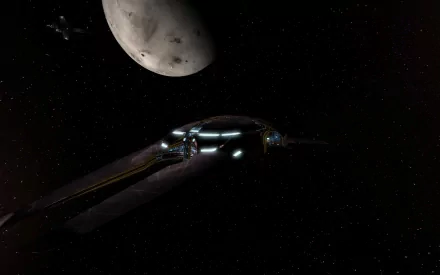 HD sci-fi desktop wallpaper featuring a detailed spaceship gliding through space with a large moon in the background.