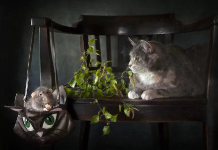 A cat sits on a dark wooden chair, staring at a mouse perched on a black cat-shaped bag, with green ivy adding a natural touch in this HD desktop wallpaper.