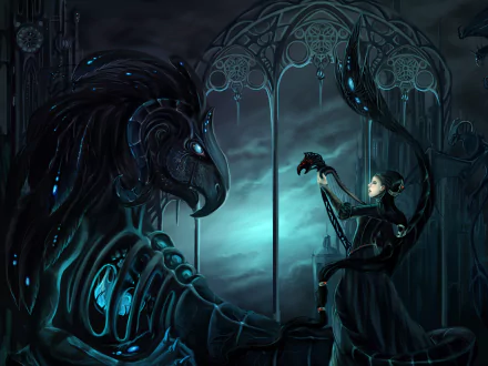 A dark gothic fantasy scene featuring a black-haired figure with long hair interacting with a large, intricate dragon in a mysterious, eerie environment.