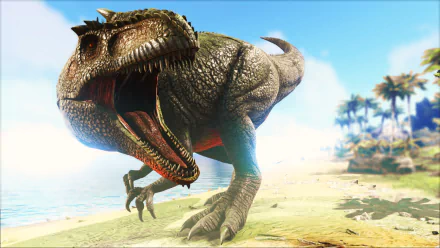 HD desktop wallpaper of a dinosaur from the video game Ark: Survival Evolved, showing a detailed and fierce creature against a bright, tropical background.