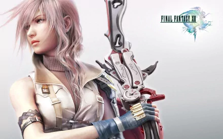 HD wallpaper featuring Claire Farron from the video game Final Fantasy XIII, highlighting her iconic design and weaponry against a sleek background.