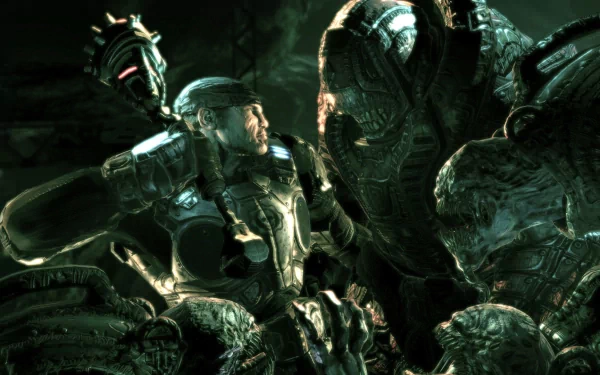HD PC desktop wallpaper featuring a warrior from the video game Gears of War 2, surrounded by monstrous creatures in a dark, intense scene.