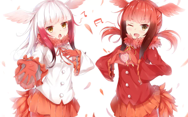 HD anime wallpaper featuring Scarlet Ibis and Crested Ibis characters from Kemono Friends, showcasing vibrant colors and dynamic poses.