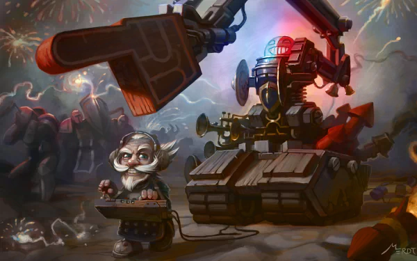 Robot dwarf engineer at a control panel beside a tank-like mech, fireworks overhead — World of Warcraft–style 4K Ultra HD PC desktop wallpaper background.