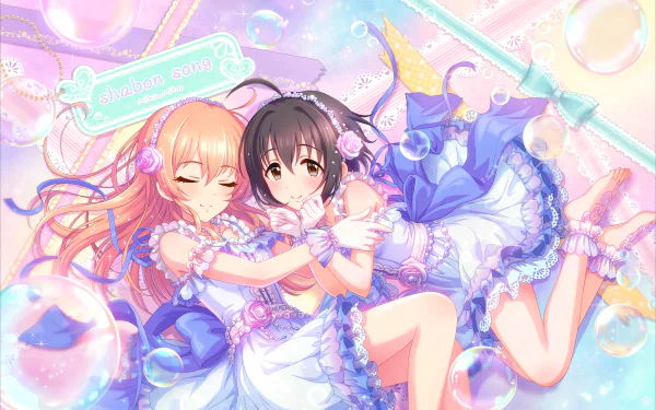 HD PC desktop wallpaper featuring Mika Jougasaki and Miho Kohinata from THE iDOLM@STER: Cinderella Girls Starlight Stage in pastel-themed anime style.