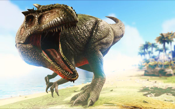 HD desktop wallpaper of a dinosaur from the video game Ark: Survival Evolved, showing a detailed and fierce creature against a bright, tropical background.
